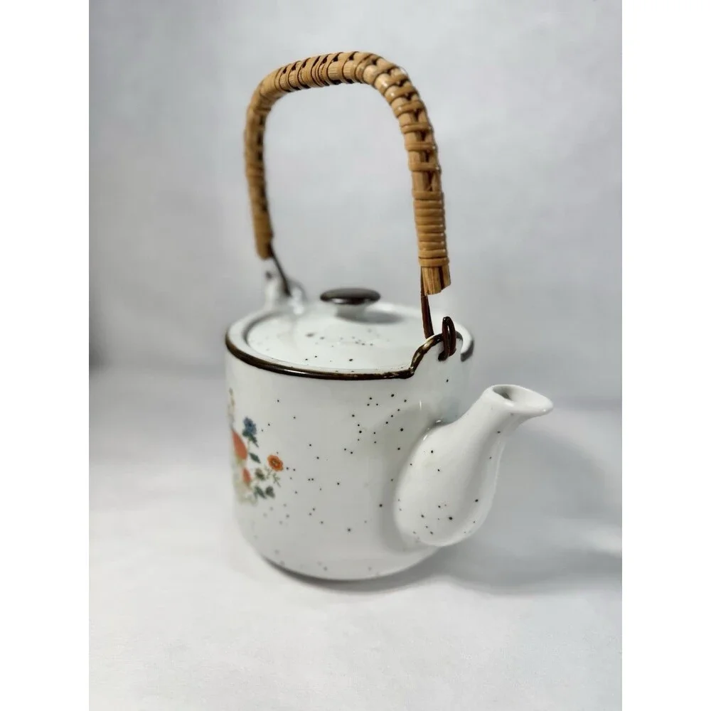 Vintage Speckled Ceramic Teapot Bamboo Handle Hand Painted Flowers Japan